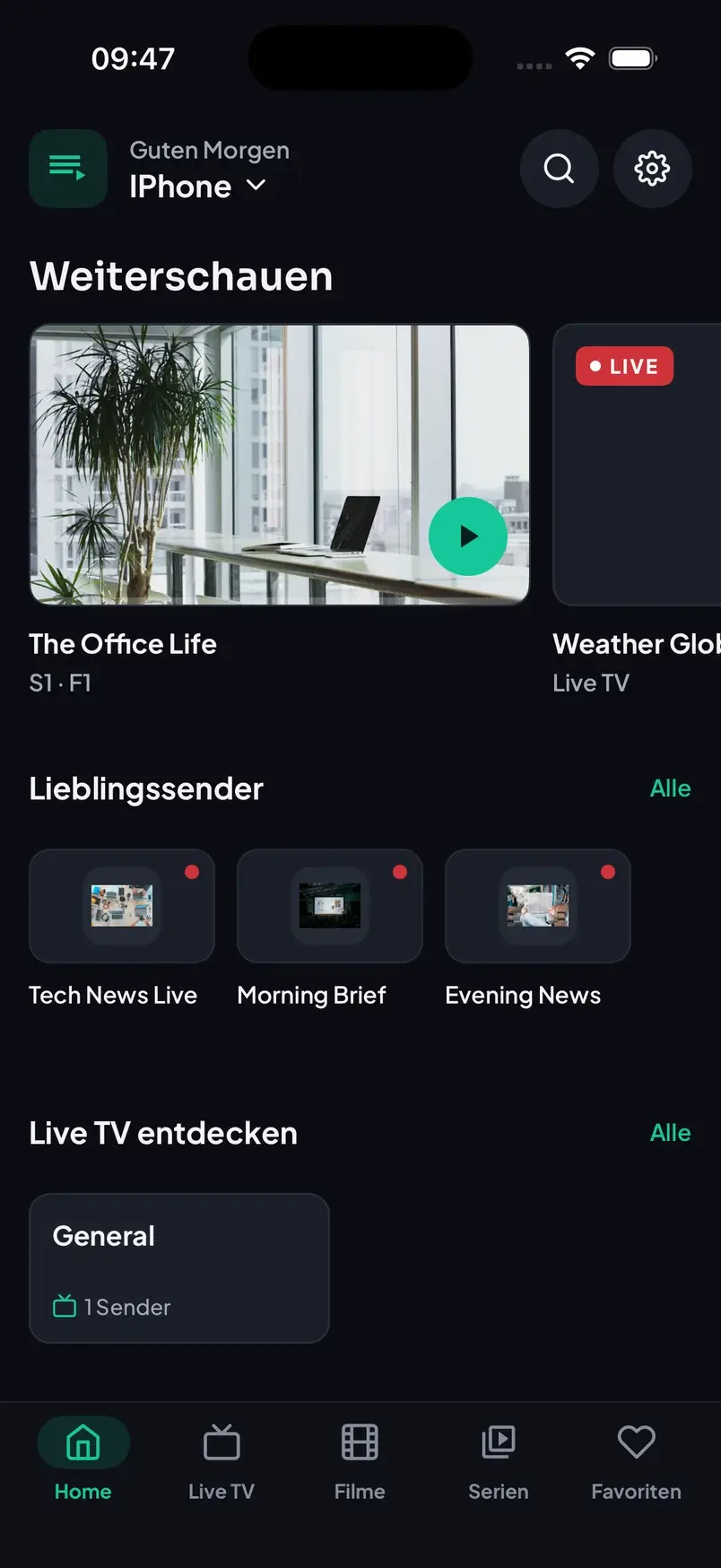 S2T IPTV home screen with continue watching and favorite channels