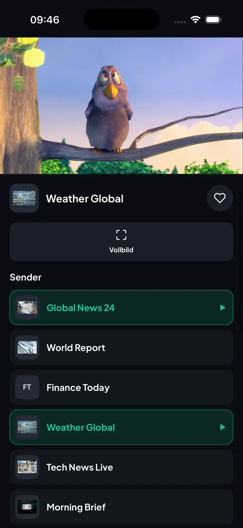 Live TV screen with mini player above the channel list