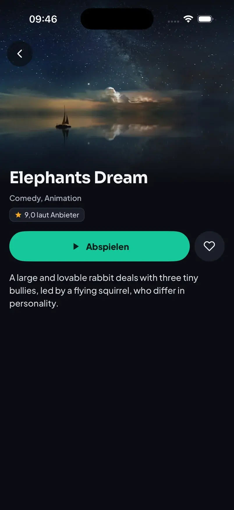 Movie details screen with description and play button